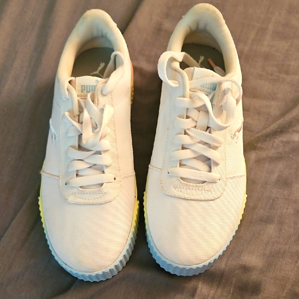 Size 7 Puma White Sneakers with Yellow Accents